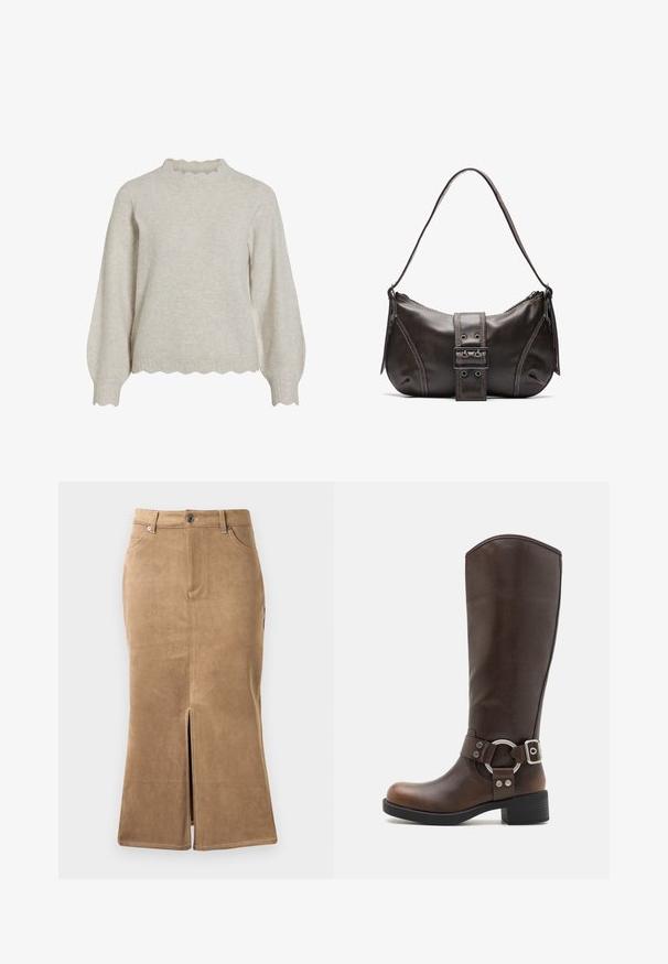 Lys beige sweater med en ribbet scalloped halsudskæring og kant. Har lange, ballonagtige ærmer og et blødt, struktureret stof.; Brun ruskind midi-skirt med slids foran, kontrasterende syninger og fem-lomme design. Glat tekstur og tætsiddende facon.; Brune læderknæhøje støvler med en rund metalhardwaredetalje og spænde. Let struktureret overdel, stablet hæl og rund tå-design.; Brun læder skuldertaske med en buet form, der har et fremtrædende spænde, kontrasterende syninger og en enkelt skulderrem.