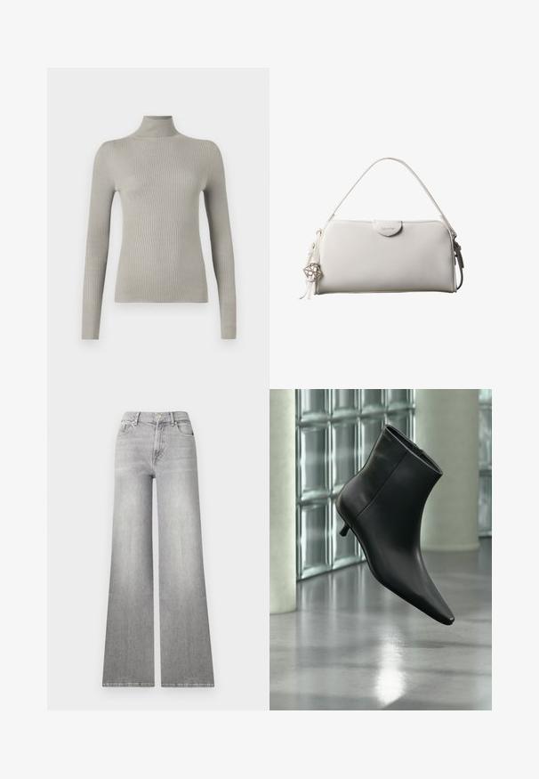 Pull à col roulé côtelé gris clair avec des manches longues. Texture douce, design ajusté, doté d'un col haut et d'une finition sans couture.; Jean en denim gris à jambes larges avec une finition délavée, poche avant et fermeture à bouton. Caractéristiques d'une coupe droite et d'un ourlet classique.; Bottine en cuir noir à bout pointu et petit talon kitten, présentée en angle devant un sol poli et un mur en blocs de verre.; Sac à main rectangulaire blanc Calvin Klein avec une seule poignée, design minimaliste et pampilles décoratives avec un charm métallique géométrique sur le côté.