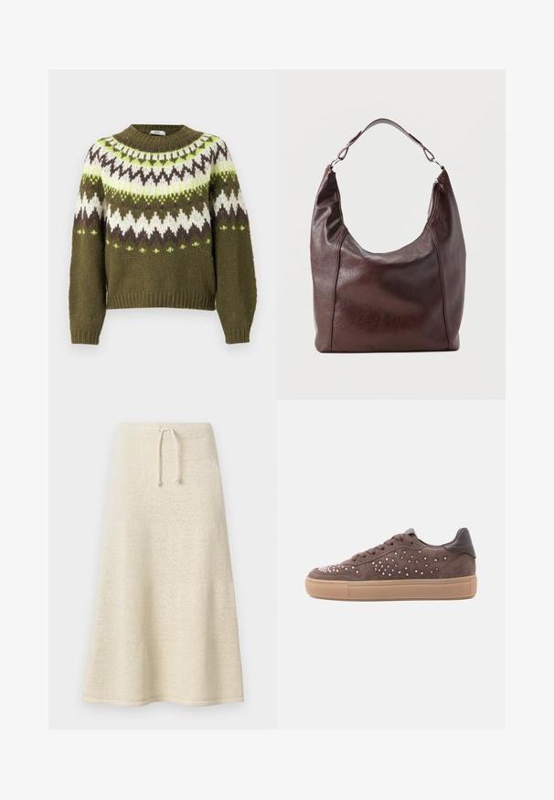 JDY JDYKINSLEY FAIR ISLE - Strickpullover - winter moss; Knielanger, cremefarbener Strickrock mit weicher Textur, Kordelzug-Bund und ausgestelltem Schnitt. Minimalistisches Design ohne Muster oder Verzierungen.; Braune Wildleder-Sneaker mit strukturiertem Design, verziert mit dekorativen Nieten und einer hellbraunen Gummisohle. Schnürverschluss und dunkle Lederakzente.; Dunkelbraune Leder-Schultertasche mit einem einzelnen verstellbaren Riemen, einer leicht gebogenen Oberseite und einem Reißverschluss an einer Seite.