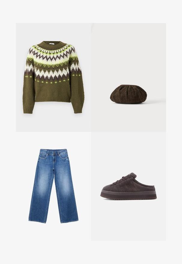JDY JDYKINSLEY FAIR ISLE - Strickpullover - winter moss; Blaue Jeans mit weitem Bein, leicht ausgewaschen, mit Vorder- und Gesäßtaschen, Knopf- und Reißverschluss, flach auf weißem Hintergrund liegend.; Brauner Wildleder-Schuh zum Hineinschlüpfen mit dicker Plateausohle, rundem Zehenbereich, Schnürung vorne und dezenten Streifen entlang der Seiten.; Braunes strukturiertes Stoff-Barett mit dezentem floralen Spitzenmuster, am oberen Rand gerafft, auf einer weißen Oberfläche liegend.