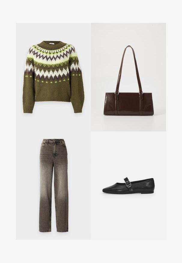 JDY JDYKINSLEY FAIR ISLE - Pullover - winter moss; Jean gris à jambes larges avec une finition en denim délavé. Avec une taille haute, cinq poches et une fermeture à bouton classique. Tissu texturé avec des coutures visibles.; Chaussure plate en cuir noir avec un bout arrondi, une seule sangle réglable à boucle et une texture lisse et brillante. Design minimaliste avec un petit talon.; Sac à main en cuir verni marron de forme rectangulaire, avec deux longues poignées et des accents courbés subtils à l'avant.