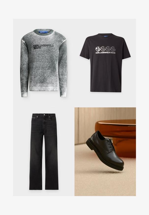 Pull en maille texturée grise avec col, poignets et bas côtelés, présentant le logo texte "KARL LAGERFELD JEANS" sur la poitrine.; T-shirt noir à manches courtes avec un graphique blanc affichant des lettres répétées "KL" et le texte "KARL LAGERFELD JEANS" sur la poitrine.; Jean noir droit avec cinq poches, passants pour ceinture et fermeture par bouton, présenté sur un fond blanc.; Chaussure en cuir noire à lacets flottant au-dessus d'un tapis beige avec un objet brun brillant et arrondi en arrière-plan.