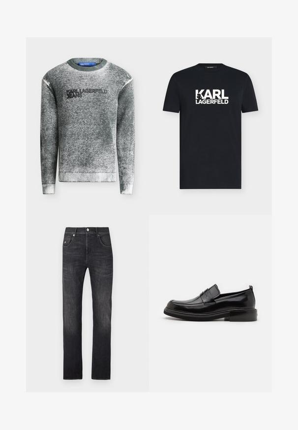 Pull en maille texturée grise avec col, poignets et bas côtelés, présentant le logo texte "KARL LAGERFELD JEANS" sur la poitrine.; T-shirt noir à manches courtes avec texte blanc "KARL LAGERFELD" et un graphique en silhouette intégré dans le "K" sur la poitrine.; Jean en denim gris foncé à coupe droite, avec cinq poches, une fermeture par bouton et des détails d'effilochage subtils le long des jambes.; Calvin Klein MOCCASIN - Mocassins de ville - black