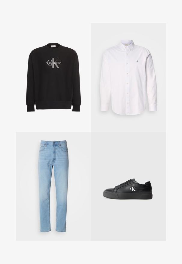Must pikkade varrukatega dressipluus, millel on suur hall "cK" ja valge "Calvin Klein" tekstilogoga esiküljel keskel.; Valge puuvillane särk, klassikalise kraega, pikkade varrukatega ja väikese CK logoga vasakul rinnal. Sile tekstuur.; Heledad sinine teksapüksid sirge lõikega, viie tasku ja vöökohtadega. Kanga pind on sile ja seal on kerge fade-efekt.; Musthave nahkakengad ümarate varvastega, lame musta tallaga ja sama tooni paeladega. Küljel on hõbedane logo, pind on sile.