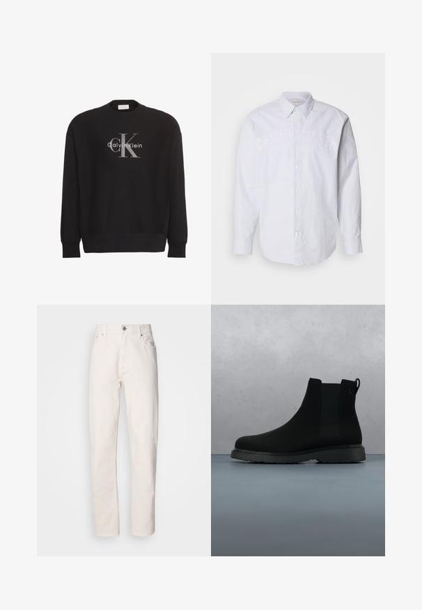 Schwarzer Langarm-Sweatshirt mit großem grauem "cK"-Textlogo und weißem "Calvin Klein"-Textlogo, mittig vorne platziert.; Weißes Langarmhemd aus Leinen mit vertikalen blauen Streifen, mit einer durchgehenden Knopfleiste und geprägtem "CALVIN KLEIN"-Logo auf der Brust.; Weiße Denim-Jeans mit geradem Bein, Knopf- und Reißverschluss, Gürtelschlaufen sowie Vorder- und Hintertaschen, auf einfarbigem Hintergrund gezeigt.; Schwarze Knöchelstiefel aus glattem Material mit subtilen Nähten, einer Gummisohle und einem eleganten Design, platziert auf einer Oberfläche mit Holzstruktur.