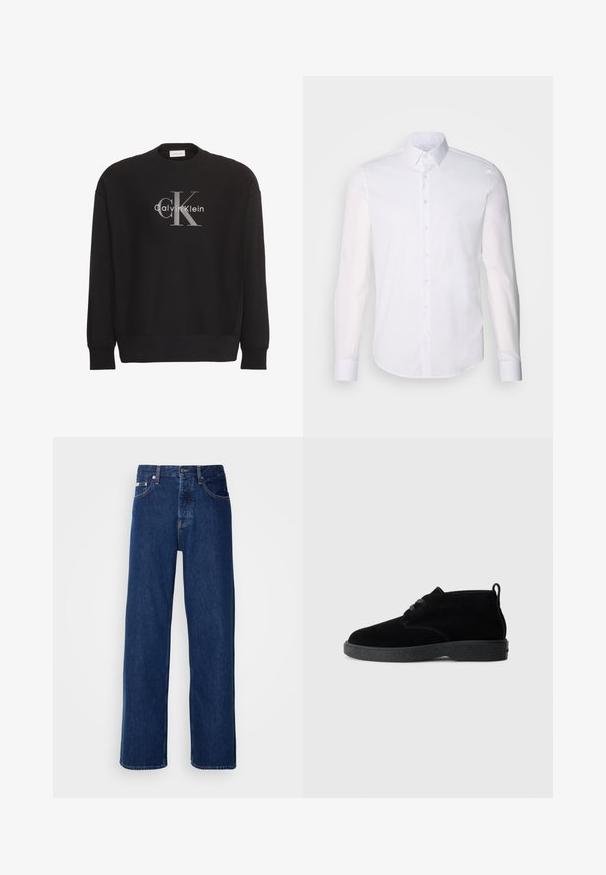 Čierna mikina s dlhým rukávom s veľkým sivým textovým logom "cK" a bielym "Calvin Klein" v strede na prednej strane.; Biela košeľa s dlhým rukávom, vyrobená z bavlny, s klasickým golierom, prednými gombíkmi a minimálnym prešívaním.; Tmavomodré džínsy s širokým strihom, s gombíkovým zapínaním a klasickým piatym vreckovým dizajnom. Tkanina má hladkú textúru.; Čierne suede ankle boots s okrúhlou špičkou, šnurovacími detailmi, čiernou gumovou podrážkou a ťahacou slučkou na zadnej strane pre jednoduché obúvanie.