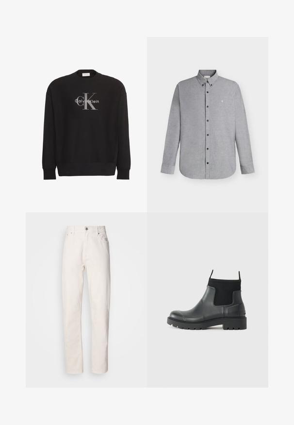 Must pikkade varrukatega dressipluus, millel on suur hall "cK" ja valge "Calvin Klein" tekstilogoga esiküljel keskel.; Helehall hall pikkade varrukatega nööbitav särk nööbitava kraega ja väike "cK" logo tikandiga vasakul rinnal.; Sirgeda valgedest denimist püksid, millel on nupuga ja lukuga kinnitajad, vööreak ja ees- ning tagaosal taskud, esitlemine lihtsal taustal.; Mustad mustadest kummist ankle'ide saapad, millel on matt viimistlus, sujuv disain, elastsed paneelid ja paks tald, mis tagab haarduvuse.