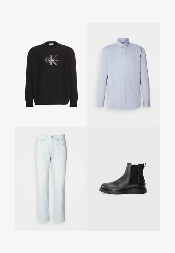 Musta pitkähihainen collegepaita, jossa suuri harmaa "cK"- ja valkoinen "Calvin Klein"-tekstilogo edessä keskellä.; Vaaleansininen pitkähihainen nappipaita, joka on valmistettu pehmeästä puuvillasta, ja jossa on klassinen kaulus sekä etunapit.; Vaaleansiniset farkut, suoralla lahkeella. Varustettu napilla kiinnityksellä ja vyölenkeillä, tuotteessa on haalistunut pinta ja minimaalinen ompelu.; Musta nahkainen Chelsea-boot, jossa on teksturoitu pinta, joustavat sivupaneelit ja kestävä kumipohja. Huomaamaton brändäys kantapäässä.