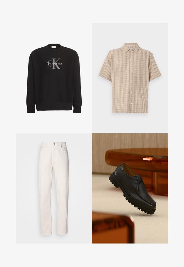 Čierna mikina s dlhým rukávom s veľkým sivým textovým logom "cK" a bielym "Calvin Klein" v strede na prednej strane.; Kratký rukáv, košeľa s golierom v béžovej farbe s kockovaným vzorom. Vyrobená z textúrovanej látky, s gombíkovou prednou časťou a voľným strihom.; Rovné biele džínsy z denimu s gombíkovým a zipsovým zapínaním, pútka na opasok a predné a zadné vrecká, zobrazené na jednoduchom pozadí.; Čierna štruktúrovaná kožená šnurovacia obuv s hrubou drážkovanou podrážkou, so značkou "HUGO" pri päte, vystavená na béžovom koberci a v pozadí jantárový nábytok.