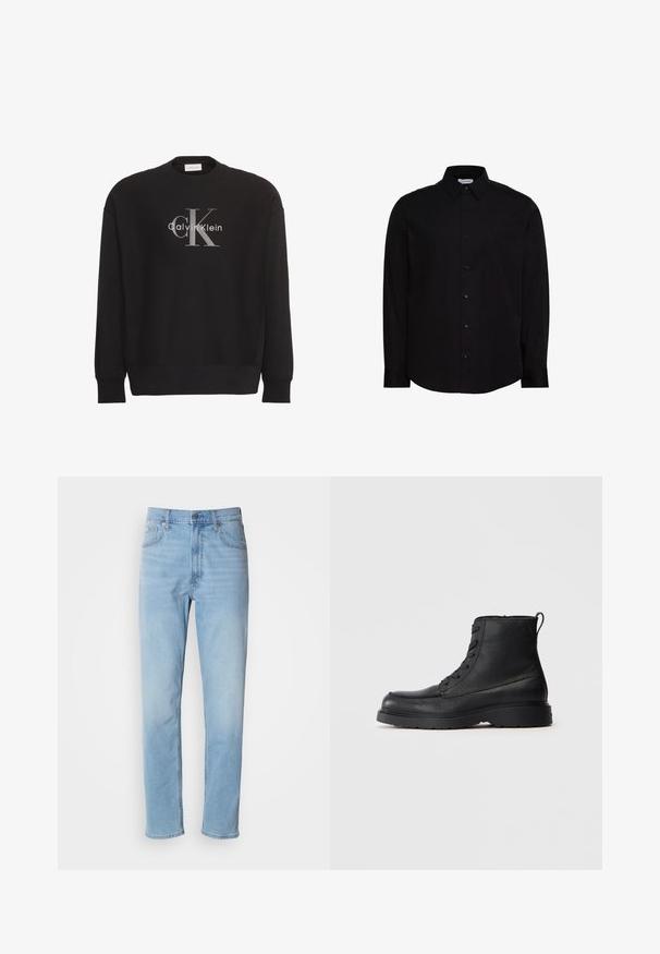 Must pikkade varrukatega dressipluus, millel on suur hall "cK" ja valge "Calvin Klein" tekstilogoga esiküljel keskel.; Must pikkade varrukatega nööpidega särk, valmistatud siledast kangast. Omadused: klassikaline krae, esiosa plastron ja väike logo rinnal.; Heledad sinine teksapüksid sirge lõikega, viie tasku ja vöökohtadega. Kanga pind on sile ja seal on kerge fade-efekt.; Mustmust tekstuuri ja nahast seotud pahkluu saapad paksu tallaga ja tõmbenööriga seljaosas, külgvaade.