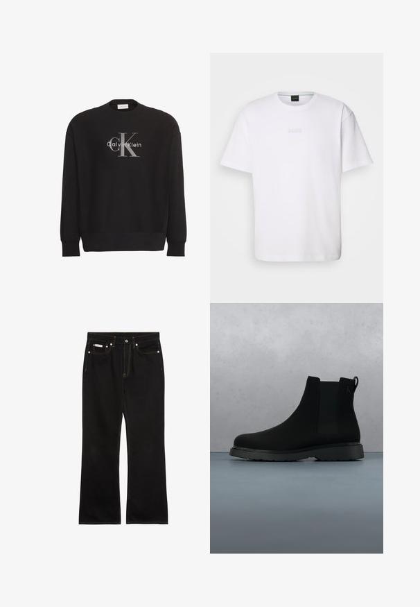 Zwarte longsleeve trui met groot grijs "cK" en wit "Calvin Klein" tekstlogo, gecentreerd aan de voorkant.; Witte katoenen T-shirt met korte mouwen, ronde halslijn en reliëf 'BOSS' logo op de borst. Veilig textuur, standaard pasvorm.; Zwarte jeans met rechte pijpen, oranje stiksels, vijf zakken, knoopsluiting en een klein Calvin Klein-label op de voorste rechterzak.; Zwarte enkelboot van soepel materiaal met subtiele stiksels, een rubberen zool en een slank ontwerp, gepositioneerd boven een houten textuur.