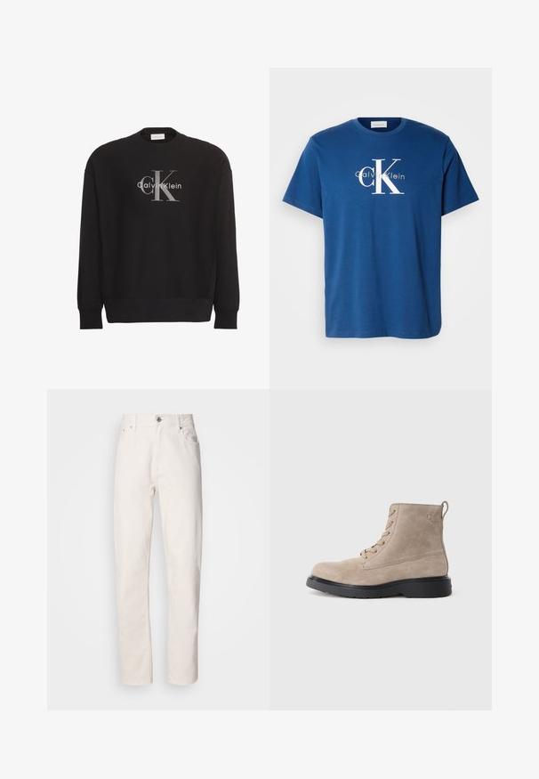 Čierna mikina s dlhým rukávom s veľkým sivým textovým logom "cK" a bielym "Calvin Klein" v strede na prednej strane.; Modrá bavlnená tričko s okrúhlym výstrihom, krátkymi rukávmi a bielym logom "CK" s textom "Calvin Klein" v kontrastnej svetlozelenej farbe pod ním.; Rovné biele džínsy z denimu s gombíkovým a zipsovým zapínaním, pútka na opasok a predné a zadné vrecká, zobrazené na jednoduchom pozadí.; Béžové semišové členkové topánky s čiernou gumovou podrážkou, zaviazaním, malým embosovaným logom na boku a so stahovacím pásikom na zadnej strane.