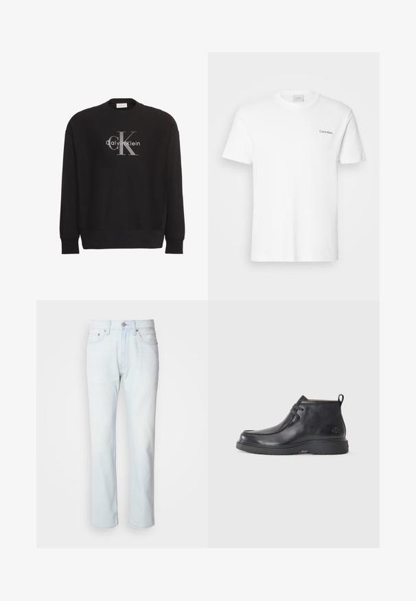 Schwarzer Langarm-Sweatshirt mit großem grauem "cK"-Textlogo und weißem "Calvin Klein"-Textlogo, mittig vorne platziert.; Weißes Baumwoll-T-Shirt mit kurzen Ärmeln und Rundhalsausschnitt. Mit einem kleinen schwarzen "Calvin Klein"-Logo auf der linken Brust.; Hellblaue Jeans mit geradem Bein. Verfügt über einen Knopfverschluss und Gürtelschlaufen, präsentiert eine ausgebleichte Textur und minimale Nähte.; Schwarze Leder-Stiefel bis zur Knöchel mit runder Zehenform, Schnürdesign und einer Ziehlasche auf der Rückseite. Strukturiertes Obermaterial und Gummisohle.