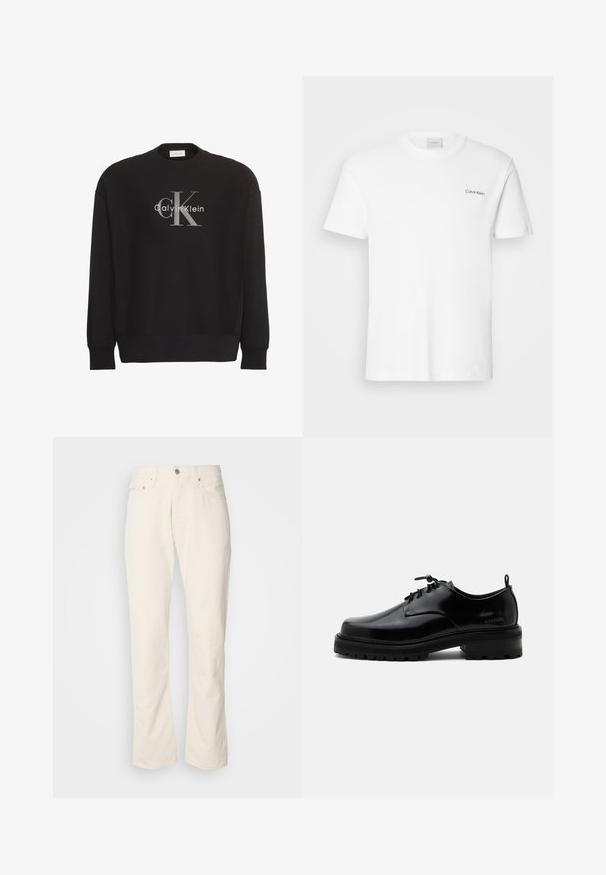 Čierna mikina s dlhým rukávom s veľkým sivým textovým logom "cK" a bielym "Calvin Klein" v strede na prednej strane.; Biela bavlnená tričko s krátkymi rukávmi a okrúhlym výstrihom. Na ľavej strane hrude sa nachádza malé čierne logo "Calvin Klein".; Béžové bavlnené džínsy s klasickým strihom rovného nohu, so zapínaním na prednom tlačidle, piatimi vreckami a jemnými detailmi v šití.; Čierna leštená kožená šnurovacia obuv s hrubou gumovou podrážkou a nízkym podpätkom, bočný nápis značky "SAMSOE" a zadné ťahadlo.