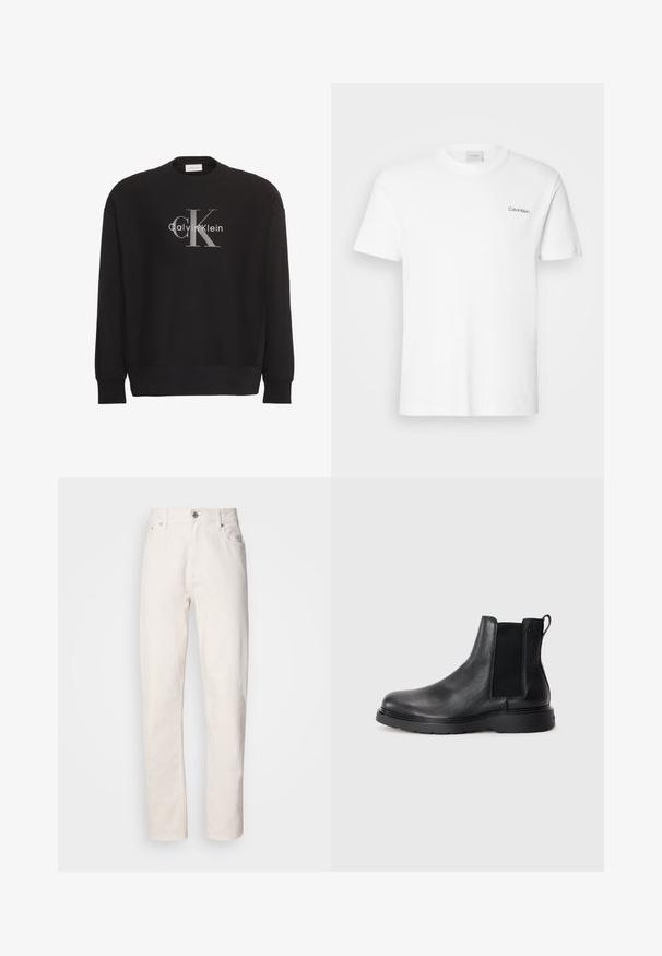 Zwarte longsleeve trui met groot grijs "cK" en wit "Calvin Klein" tekstlogo, gecentreerd aan de voorkant.; Witte katoen T-shirt met korte mouwen en een ronde hals. Bevat een klein zwart "Calvin Klein" logo op de linkerborst.; Spijkerbroek van wit denim met rechte pijpen, knoop- en ritsluiting, riemlussen en voor- en achterzakken, weergegeven op een effen achtergrond.; Zwarte leren Chelsea boots met een gestructureerde afwerking, elastische zijpanelen en een stevige rubberen zool. Subtiele branding op de hiel.