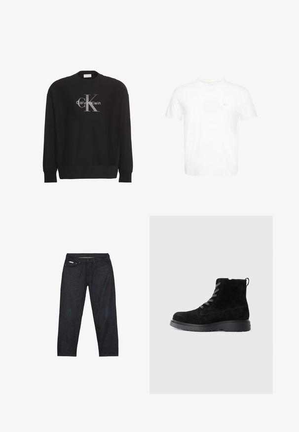 Schwarzer Langarm-Sweatshirt mit großem grauem "cK"-Textlogo und weißem "Calvin Klein"-Textlogo, mittig vorne platziert.; Weißes T-Shirt mit kurzen Ärmeln und Rundhalsausschnitt mit kleinem gesticktem "ck" Logo auf der linken Brust.; Dunkelblaue Jeans aus Denim mit geradem Bein, ausgestattet mit fünf Taschen und minimalen Nahtdetails für ein sauberes Aussehen.; Schwarze Wildleder-Stiefeletten mit einer strukturierten Oberfläche, runder Zehenpartie, grauen Schnürsenkeln und einer stabilen schwarzen Sohle. Verfügt über eine kleine Zuglasche an der Rückseite.