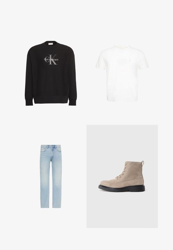 Must pikkade varrukatega dressipluus, millel on suur hall "cK" ja valge "Calvin Klein" tekstilogoga esiküljel keskel.; Valge lühikeste varrukatega ümara kaelusega t-särk väikese tikitud "ck" logoga vasakul rinnal.; Hele sinised sirge säärega teksapüksid eesmine nööpidega sulgemine ja viie taskuga disain, sealhulgas väike Calvin Klein silt eesmisel taskul.; Bež nubukist rinna saapad musta kummist tallaga, nöörimise disainiga, väikese logoga embossinguga küljel ning tagaküljel tõmbeasa.