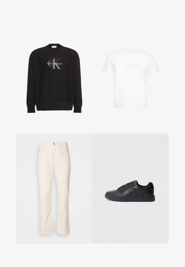 Čierna mikina s dlhým rukávom s veľkým sivým textovým logom "cK" a bielym "Calvin Klein" v strede na prednej strane.; Biele tričko s krátkym rukávom a okrúhlym výstrihom s malým vyšívaným logom "ck" na ľavej strane hrudníka.; Béžové bavlnené džínsy s klasickým strihom rovného nohu, so zapínaním na prednom tlačidle, piatimi vreckami a jemnými detailmi v šití.; Čierne kožené tenisky s viazaním, gumovou podrážkou a embosovaným logom na boku, s hladkou textúrou a minimalistickým štýlom.