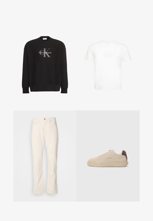 Zwarte longsleeve trui met groot grijs "cK" en wit "Calvin Klein" tekstlogo, gecentreerd aan de voorkant.; Witte T-shirt met korte mouwen en ronde hals met klein geborduurd "ck"-logo op de linkerborst.; Beige katoenen jeans met een klassiek recht model, met een knoopsluiting aan de voorkant, vijf zakken en subtiele stikdetails.; Beige suède sneakers met een ronde neus, vetersluiting aan de voorkant en een bruine suède accent op de hiel. Beschikt over een gestructureerde rubberen zool.