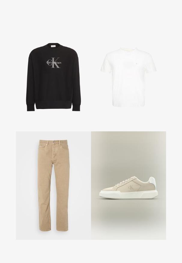 Schwarzer Langarm-Sweatshirt mit großem grauem "cK"-Textlogo und weißem "Calvin Klein"-Textlogo, mittig vorne platziert.; Weißes T-Shirt mit kurzen Ärmeln und Rundhalsausschnitt mit kleinem gesticktem "ck" Logo auf der linken Brust.; Beige Baumwollhose mit geradem Bein, ausgestattet mit Fronttaschen, einem Knopfverschluss und dezenten Nähten entlang der Säume.; Beiger Low-Top-Sneaker mit dicker weißer Sohle, Schnürsenkeln, weißer Fersenschlaufe und dezentem CK-Logo auf dem Seitenpanel.