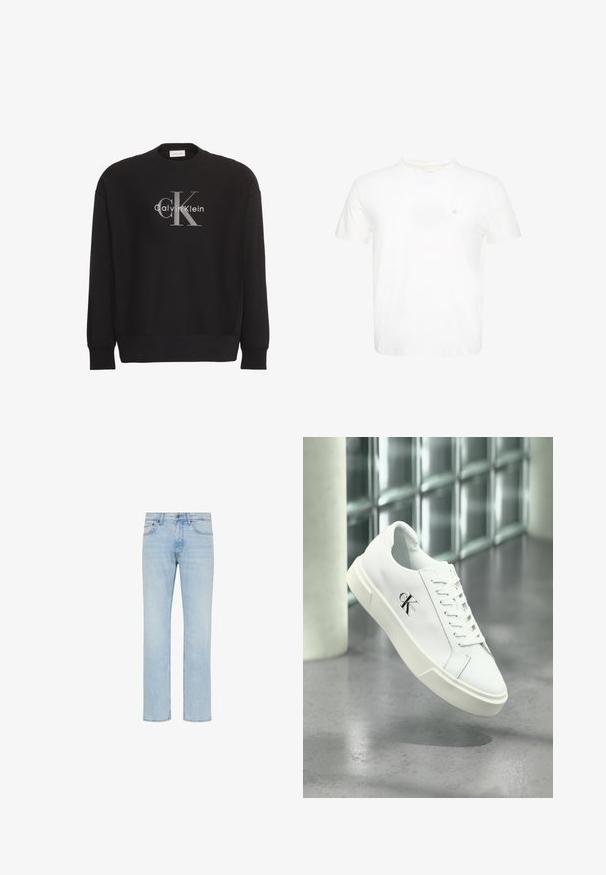 Čierna mikina s dlhým rukávom s veľkým sivým textovým logom "cK" a bielym "Calvin Klein" v strede na prednej strane.; Biele tričko s krátkym rukávom a okrúhlym výstrihom s malým vyšívaným logom "ck" na ľavej strane hrudníka.; Svetlomodré rifle s rovnými nohavicami, predným gombíkom, zipsom a dizajnom s piatimi vreckami zobrazené na bielom pozadí.; Biela teniska Calvin Klein so šnúrkami, zobrazená vznášajúca sa nad leštenou betónovou podlahou a stenou z sklenených blokov.