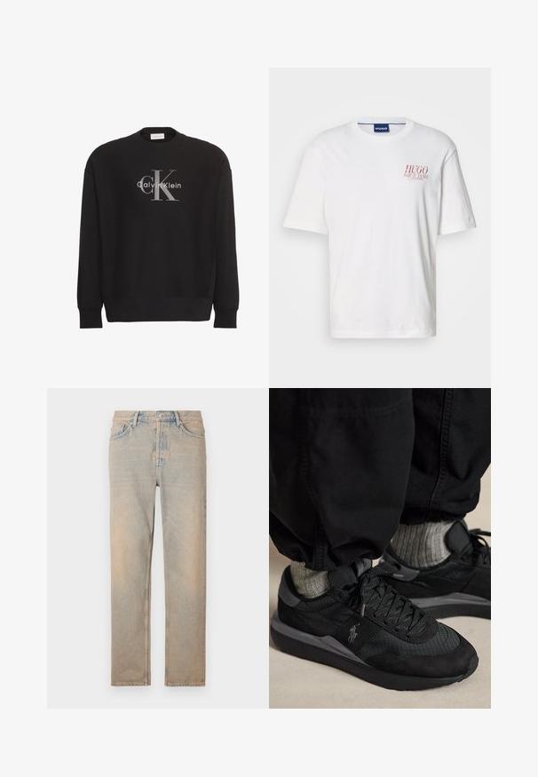 Must pikkade varrukatega dressipluus, millel on suur hall "cK" ja valge "Calvin Klein" tekstilogoga esiküljel keskel.; Valge puuvillane t-särk, millel on lühikesed varrukad, ümara kaelusega ja vasakul rinnal punase logoga disain. Sile tekstuur.; Heledadbežid denim püksid sirge lõikega. Omavad viit taskut, nupuga tõmbluku ja õrna pleekimist kanga pinnal.; Mustad tossud paeltega ja halli logoga, kantud hallide sokkide ja mustade pükstega beežil põrandal.