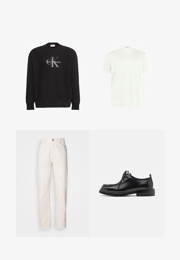 Čierna mikina s dlhým rukávom s veľkým sivým textovým logom "cK" a bielym "Calvin Klein" v strede na prednej strane.; Biele tričko s okrúhlym výstrihom z mäkkej látky. Krátke rukávy, bez vzorov. Jednoduchý dizajn so rovnou lemovkou a minimálnymi detailmi.; Rovné biele džínsy z denimu s gombíkovým a zipsovým zapínaním, pútka na opasok a predné a zadné vrecká, zobrazené na jednoduchom pozadí.; Calvin Klein LACE UP APRON BRUSH OFF - Šnurovačky - black