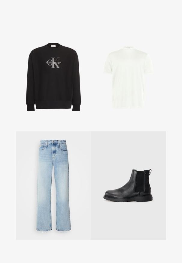 Schwarzer Langarm-Sweatshirt mit großem grauem "cK"-Textlogo und weißem "Calvin Klein"-Textlogo, mittig vorne platziert.; Weißes T-Shirt mit Rundhalsausschnitt aus weichem Stoff. Kurze Ärmel, keine Muster. Schlichtes Design mit geradem Saum und minimalen Details.; Helle blaue weite Jeans mit hoher Taille, in verwaschenem Finish, mit Gürtelschlaufen und klassischem Fünf-Taschen-Design. Der Saum ist ungesäumt.; Schwarze Leder-Chelsea-Boots mit strukturiertem Finish, elastischen seitlichen Einsätzen und einer robusten Gummisohle. Dezentes Branding an der Ferse.