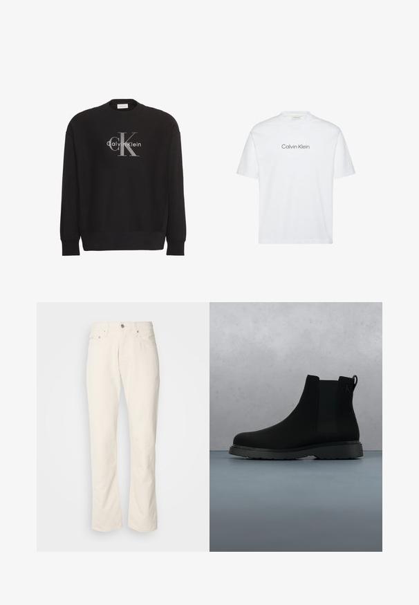 Schwarzer Langarm-Sweatshirt mit großem grauem "cK"-Textlogo und weißem "Calvin Klein"-Textlogo, mittig vorne platziert.; Weißes Baumwoll-T-Shirt mit kurzen Ärmeln. Es verfügt über einen Rundhalsausschnitt und ein graues, aufgedrucktes "Calvin Klein"-Logo auf der Brust.; Beige Baumwolljeans mit klassischem geradem Bein, ausgestattet mit einem Frontknopfverschluss, fünf Taschen und dezenten Nähdetails.; Schwarze Knöchelstiefel aus glattem Material mit subtilen Nähten, einer Gummisohle und einem eleganten Design, platziert auf einer Oberfläche mit Holzstruktur.