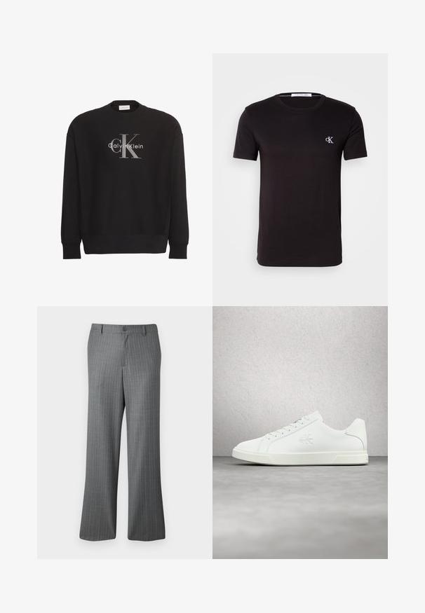 Sudadera negra de manga larga con gran logo de texto gris "cK" y blanco "Calvin Klein" centrado en el frente.; Camiseta negra de manga corta con cuello redondo, con pequeño logo blanco "cK" en el pecho izquierdo y etiqueta Calvin Klein Jeans en el interior del cuello.; Pantalones de rayas grises con un ajuste relajado, que presentan un cierre de botón, pasadores para cinturón y sutiles rayas azul claro en toda su superficie.; Zapatilla deportiva de cuero blanco con acabado suave, diseño con cordones, detalle del logo en el lateral y suela de goma blanca en contraste.