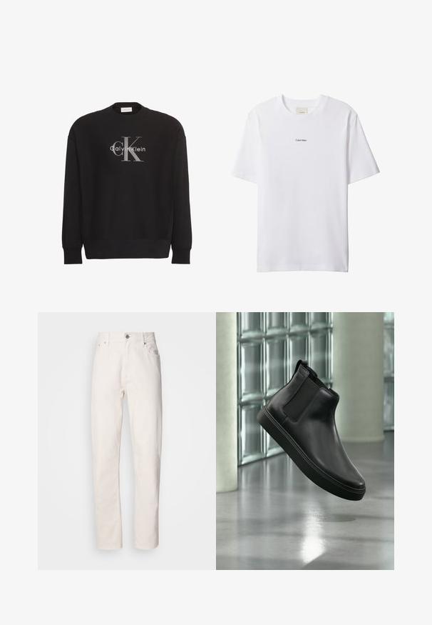 Čierna mikina s dlhým rukávom s veľkým sivým textovým logom "cK" a bielym "Calvin Klein" v strede na prednej strane.; Biele bavlnené tričko s okrúhlym výstrihom a krátkymi rukávmi. Na hrudi uprostred je malý čierny nápis "Calvin Klein".; Rovné biele džínsy z denimu s gombíkovým a zipsovým zapínaním, pútka na opasok a predné a zadné vrecká, zobrazené na jednoduchom pozadí.; Čierna kožená členková obuv s elastickými bočnými panelmi, plávajúca nad leštenou betónovou podlahou a sklenenými blokmi v pozadí.