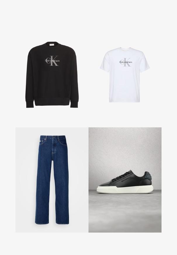 Musta pitkähihainen collegepaita, jossa suuri harmaa "cK"- ja valkoinen "Calvin Klein"-tekstilogo edessä keskellä.; Valkoinen lyhythihainen T-paita, jossa on harmaa "ck" logo ja mustalla painettu "Calvin Klein" teksti etuosan keskellä.; Siniset farkut, joissa on leveä lahjeratkaisu, varustettuna nappikiinnityksellä ja klassisella viiden taskun tyylillä. Kangas on sileää.; Musta nahkainen tennari, jossa valkoinen pohja, mustat nauhat ja kohokuvioitu brändäys, esitetty kellumassa harmaan lattian yläpuolella lasiblokkiseinätaustan edessä.