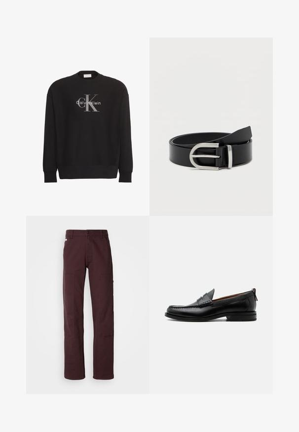 Sudadera negra de manga larga con gran logo de texto gris "cK" y blanco "Calvin Klein" centrado en el frente.; Pantalones cargo de color burdeos oscuro, hechos de algodón resistente. Con dos grandes bolsillos laterales, diseño de pierna recta y cierre de botón en la cintura.; Mocasín de hombre de piel negra con costura moc toe, tira penny, cuello texturizado y tacón bajo apilado sobre fondo blanco.; Cinturón de cuero negro con una textura suave, que presenta una hebilla de metal plateado y una forma rectangular clásica.