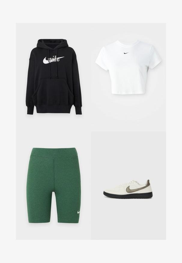 Μαύρο φούτερ Nike με λευκό λογότυπο, μπροστινή τσέπη τύπου πουγκί, μακριά μανίκια, ριμπ μανσέτες και τελείωμα, και ρυθμιζόμενο καπό με κορδόνι.; Λευκό κοντό μπλουζάκι από βαμβάκι, με κοντά μανίκια και στρογγυλή λαιμόκοψη, διακοσμημένο με το μαύρο λογότυπο της Nike στο στήθος.; Πράσινο αθλητικό σορτς από ελαστικό ύφασμα. Σχεδιασμένο με ψηλή μέση, επίπεδα ράμματα και λευκό λογότυπο Nike στο κάτω αριστερό πόδι.; Nike Sportswear FIELD GENERAL - Αθλητικά παπούτσια - off-white/black