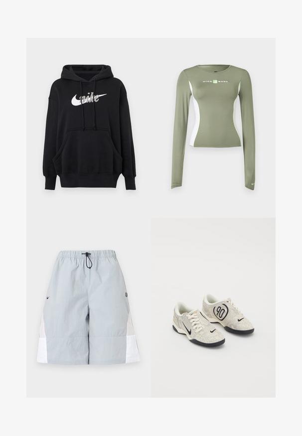Μαύρο φούτερ Nike με λευκό λογότυπο, μπροστινή τσέπη τύπου πουγκί, μακριά μανίκια, ριμπ μανσέτες και τελείωμα, και ρυθμιζόμενο καπό με κορδόνι.; Μακρυμάνικη μπλούζα Nike Shox σε ελαιόχρωμο πράσινο με λευκές πλαϊνές φάσες και νέον πράσινες λεπτομέρειες, στενή εφαρμογή και μικρό λογότυπο swoosh στο μανίκι.; Αθλητικό σορτς ανοιχτό γκρι με λευκές πλαϊνές λωρίδες, ελαστική μέση και μαύρο κορδόνι, σε απλό φόντο.; Nike αθλητικά παπούτσια με μπεζ και γκρί υφή, μαύρες λεπτομέρειες, μεγάλο λογότυπο "90" και λευκό κορδόνι. Μαύρη σόλα.