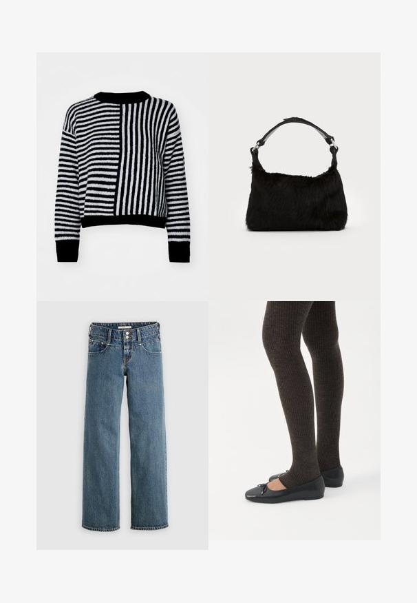 Pull rayé noir et blanc avec des rayures horizontales et verticales contrastées, dotée d'un col rond et de manchettes et d'un ourlet côtelés.; Jean en denim bleu avec une coupe droite, doté d'une braguette à boutons, de cinq poches et de surpiqûres contrastantes le long des coutures.; Jambes portant des leggings côtelés foncés associés à des ballerines noires avec de petits détails en nœud sur fond blanc.; Sac à main en fausse fourrure noire avec une texture douce, une forme arrondie et une bandoulière en cuir noir robuste. Accent en métal argenté visible.