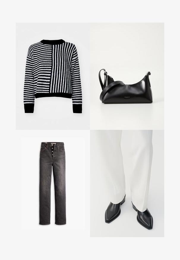 Pull rayé noir et blanc avec des rayures horizontales et verticales contrastées, dotée d'un col rond et de manchettes et d'un ourlet côtelés.; Jean noir taille haute avec une coupe droite, fabriqué en denim. Il comporte un bouton de fermeture, des accents en cuivre et des coutures contrastées.; Bottines noires à bout pointu en cuir lisse, avec des talons bas en bloc, associées à un pantalon large blanc. Design simple et moderne.; Sac à main en cuir noir avec une texture lisse. Dispose d'une bandoulière adjustable et d'un design élégant et minimaliste avec une fermeture éclair.