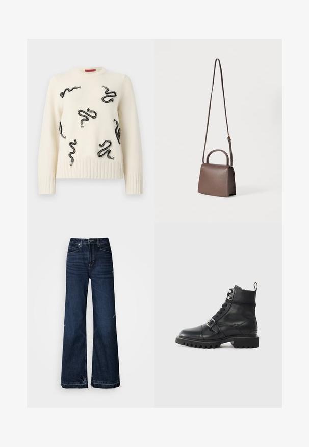 Pull en crème avec des motifs de serpents en perles noires sur l'ensemble. Ourlets et poignets côtelés ajoutent de la texture ; col rond. Matière en maille douce.; Jean taille haute à jambes larges en denim foncé. Caractéristiques : ourlets effilochés et design à cinq poches avec surpiqûres visibles.; Botte en cuir noir à cheville avec un bout rond, fermeture à lacets à l'avant, détail de boucle et semelle épaisse et robuste. Présente des accents en métal argenté.; Sac à main en cuir marron avec une forme structurée, doté d’une poignée supérieure et d’une longue bandoulière réglable. Fini texturé avec un minimum de détails.