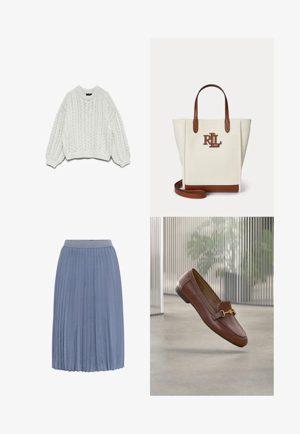 Hvid strikket sweater med et kabelstrikkemønster, rund halsudskæring og lange ærmer med ribbede manchetter og kant.; Plisseret nederdel i blød blå stof, med en bred elastisk talje og en flydende silhuet, der skabes af lodrette plisseringer.; Brune læder loafers med rundet tå, gyldne metalaccenter og flad sål. Har et rent design og en glat tekstur.; Kremfarvet lærredstaske med brune læderhåndtag, kant og RL-logo foran, stående oprejst mod en ensfarvet baggrund.