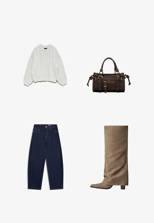 Hvid strikket sweater med et kabelstrikkemønster, rund halsudskæring og lange ærmer med ribbede manchetter og kant.; Mørkeblå denimjeans med løs pasform, fem lommer, knaplukning og kontrasterende gule syninger langs sømmene.; Høj beige støvle i ruskind med spids snude, struktureret form og blokhæl. Fremstår med glat tekstur og minimalistisk design.; Mørkebrun læderhåndtaske med dobbelte håndtag, forreste lynlåslomme, dekorative spænder og sideknuder på hvid baggrund.