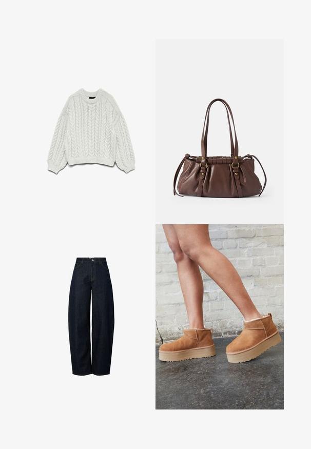 Hvid strikket sweater med et kabelstrikkemønster, rund halsudskæring og lange ærmer med ribbede manchetter og kant.; Bredde ben mørkeblå denim jeans med høj talje, færdiggjort med kontrasterende orange syninger og en knaplukning foran.; Brune ruskinds ankelsko med en blød foring, tyk beige plattformsål og en bageste løkke. Tekstureret overflade med synlige sømdetaljer.; Brun læderhåndtaske med to lange håndtag, samlet design, aksenter i guldtonet metal og en tekstureret overflade.