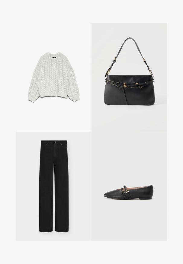 Hvid strikket sweater med et kabelstrikkemønster, rund halsudskæring og lange ærmer med ribbede manchetter og kant.; Sorte jeans med vide ben lavet af denim, med knaplukning og fem lommer. Glat tekstur med et rent, minimalistisk design.; Sorte læder flade sko med spids tå, der har to sorte remme med gyldne hardware-detaljer. Glat tekstur og lav hæl.; Sort skuldertaske i læder med justerbar rem, gyldne nitter og dekorative gyldne metaldetaljer på forsiden.