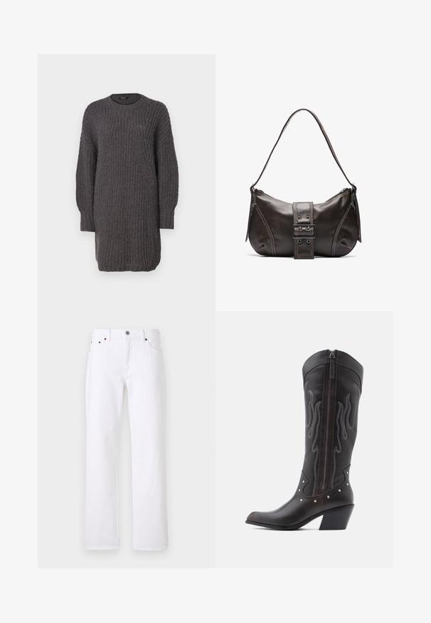 Robe pull en maille gris foncé avec un col rond, des manches longues, des détails côtelés et une coupe décontractée. Texture douce avec un tissage épais.; Jean en denim blanc avec coupe droite, comprenant cinq poches, des rivets en cuivre, une fermeture par bouton en métal et un motif de tissu texturé.; Bottes de cowboy en cuir marron avec surpiqûres en forme de flammes, fermeture éclair latérale, clous argentés, bout pointu et talon superposé.; Sac à épaule en cuir marron avec une forme courbée, présentant un détail de boucle proéminent, des coutures contrastantes et une seule bandoulière.