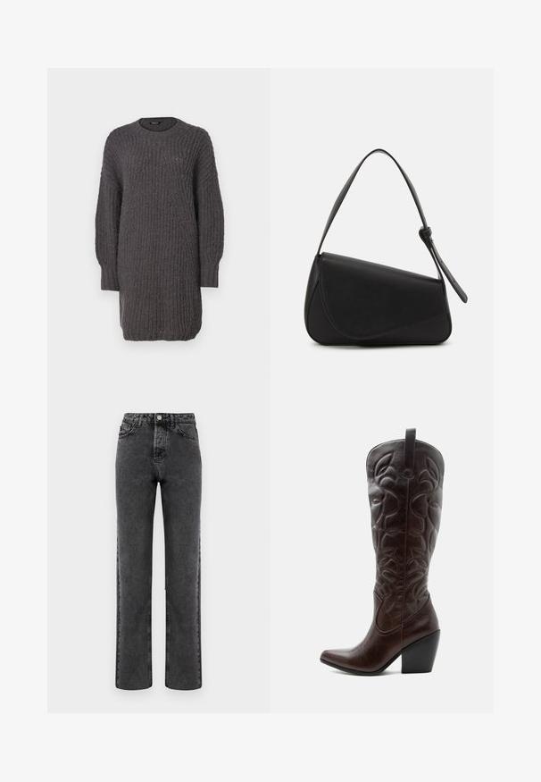Robe pull en maille gris foncé avec un col rond, des manches longues, des détails côtelés et une coupe décontractée. Texture douce avec un tissage épais.; Jeans droit en denim gris avec une finition délavée, design à cinq poches et fermeture à bouton. Présente une couture classique le long des coutures.; Botte de cowboy haute en cuir marron foncé avec motifs décoratifs cousus, bout pointu et talon bloc empilé.; Sac à main en cuir noir de forme triangulaire, avec un rabat incliné et une poignée supérieure arrondie. Il présente une texture lisse et des détails de design minimalistes.