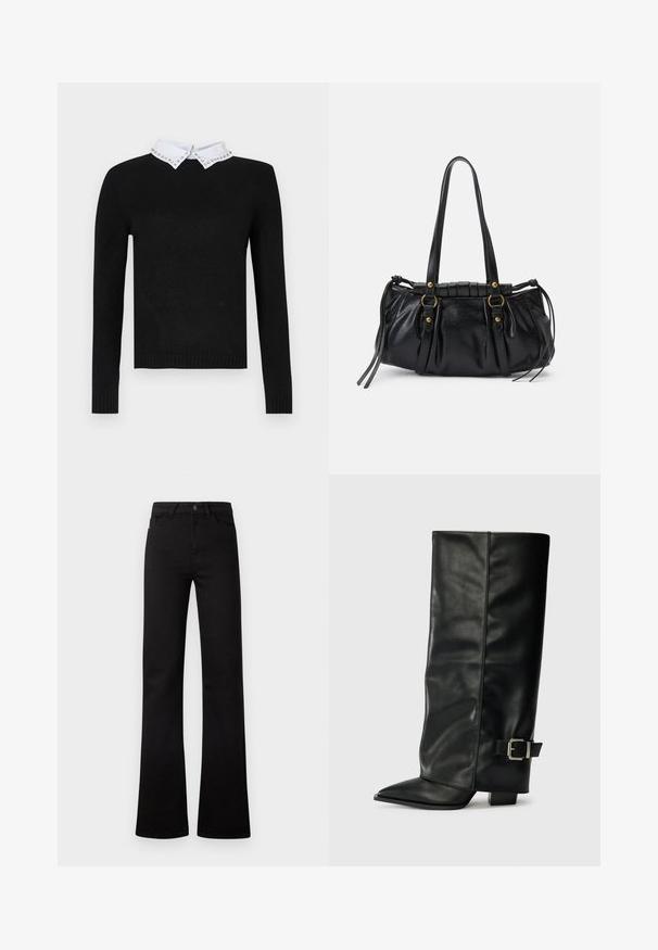 Pull noir à manches longues avec un col blanc orné d'accents en bijoux. Poignets et ourlet côtelés, fabriqué en matériau tricot doux.; Jeans noirs à taille haute, jambes droites, avec poches avant, passants pour ceinture, fermeture par bouton, et ourlets légèrement évasés sur fond blanc.; Bottes noires en cuir longueur cheville avec un bout pointu, texture lisse et une accent en boucle argentée sur le côté. Talon carré épais.; Sac à main en cuir noir avec une forme arrondie, deux poignées, des accents en matériel décoratif et des détails de liens sur les côtés. Texture lisse et brillante.
