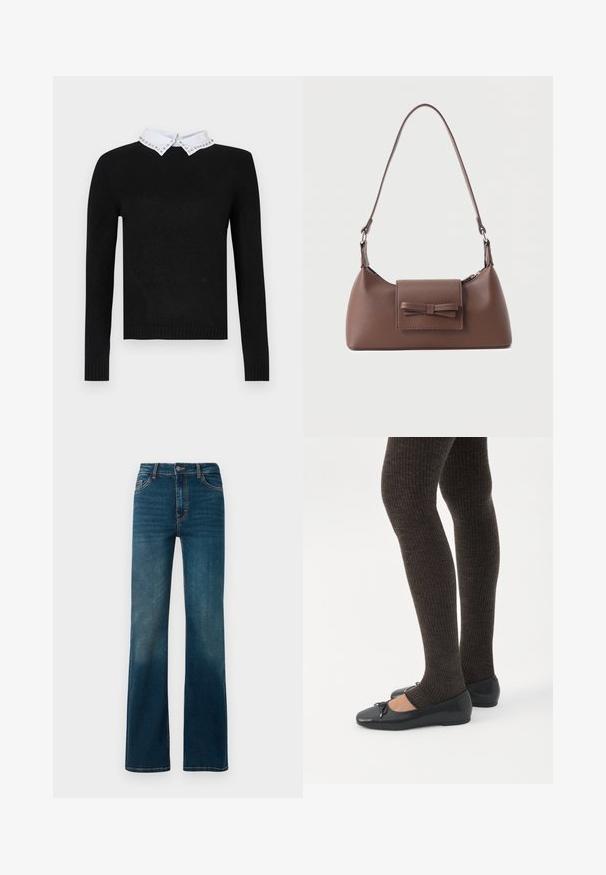 Pull noir à manches longues avec un col blanc orné d'accents en bijoux. Poignets et ourlet côtelés, fabriqué en matériau tricot doux.; Jeans bleu marine taille haute avec une coupe droite. Fabriqués en denim, avec des coutures contrastées et un classique design à cinq poches.; Jambes portant des leggings côtelés foncés associés à des ballerines noires avec de petits détails en nœud sur fond blanc.; Sac à bandoulière en cuir marron avec une poche à rabat avant ornée d'un détail en forme de nœud cousu et une sangle réglable.