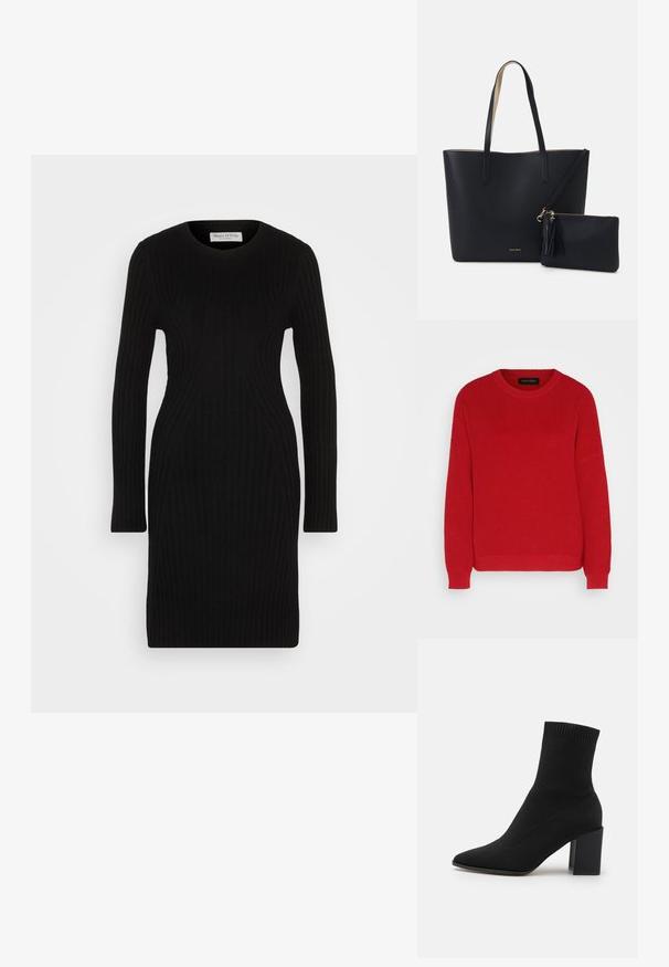 Pull en tricot rouge avec un col ras du cou, une texture côtelée et des manches légèrement oversize. Présente un ourlet droit et un tissu durable.; Robe noire en tricot avec des manches longues, texture côtelée et silhouette ajustée. Encolure arrondie et design longueur genou.; Bottines noires en tissu extensible, à bout pointu et talon carré, avec une bordure côtelée en haut.; Sac fourre-tout noir avec un matériau texturé, deux longues anses et une pochette zippée amovible avec un détail de pompon. Logo de la marque en orvisible.