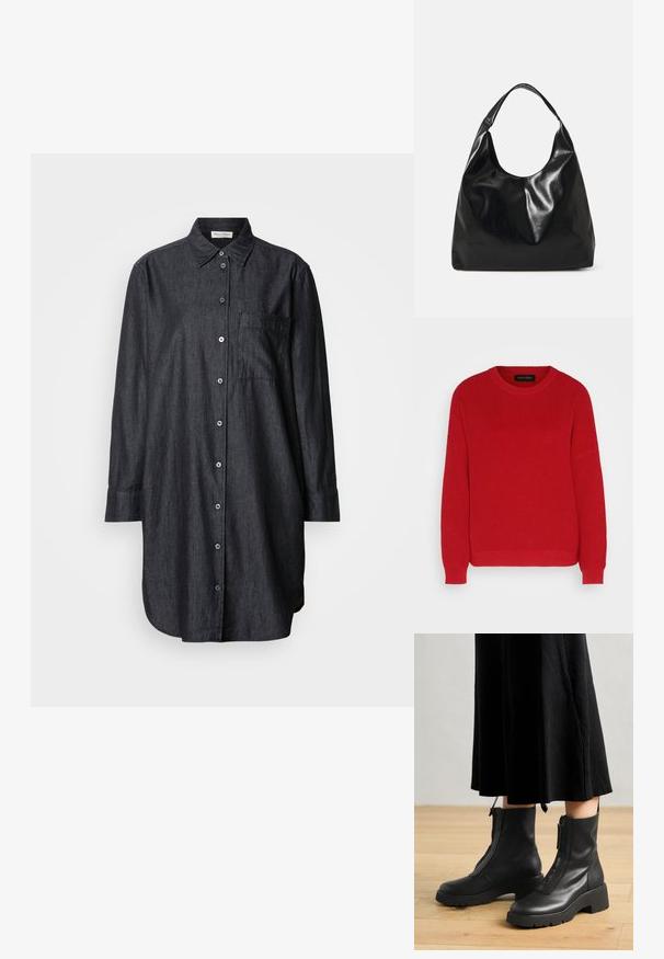 Rød strikket sweater med rund hals, ribbet tekstur og let oversized ærmer. Har en lige søm og slidstærkt stof.; Mørk denim skjorte med knaplukning foran, spids krave, lange ærmer, enkelt brystlomme og buet nederste kant. Glat tekstur.; Sorte læder ankelstøvler med en kraftig platformsål og en frontlynlås. Glat tekstur med et minimalistisk design.; Sort læder hobo taske med en blød, skinnende tekstur og en rund, åben top. Har en bred, buet strop til bæring. Ingen synlig hardware.