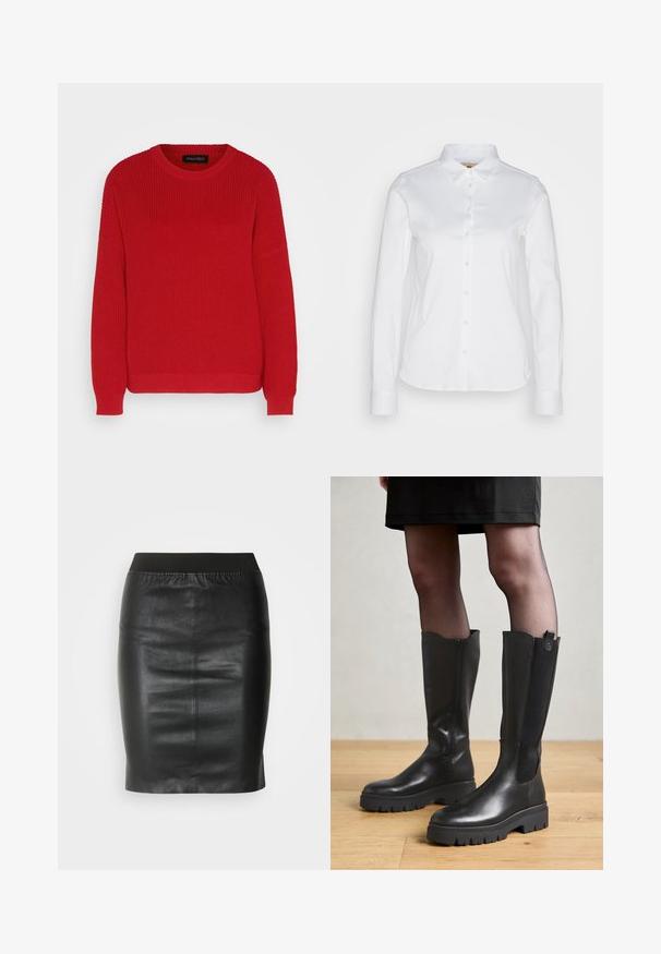 Suéter de punto rojo con un escote redondo, textura acanalada y mangas ligeramente oversize. Presenta un dobladillo recto y una tela duradera.; Camisa blanca de manga larga con botones y cuello extendido, que presenta una suave tela de algodón y un dobladillo redondeado. La tela tiene un ligero brillo.; Falda lápiz negra hecha de cuero suave, con una cinturilla elástica para una silueta ajustada y un diseño minimalista.; Botas negras hasta la rodilla con un exterior de cuero suave, paneles laterales elásticos y una suela de goma gruesa con un patrón de textura.