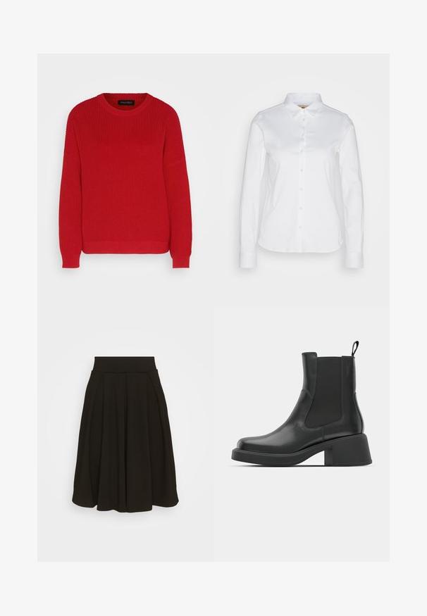 Pull en tricot rouge avec un col ras du cou, une texture côtelée et des manches légèrement oversize. Présente un ourlet droit et un tissu durable.; Chemise blanche à manches longues et col évasé, en coton lisse, avec un ourlet arrondi. Le tissu a une légère brillance.; Jupe plissée noire avec une large ceinture élastique. Fabriquée dans un tissu doux, elle présente un ourlet à mi-genoux et une texture lisse.; Bottines en cuir noir avec des panneaux élastiques sur les côtés, un bout rond et un talon épais. Texture lisse avec un design minimaliste.